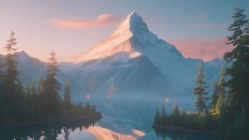 Mountain Peak Reflecting in Lake at Sunset photo