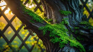 Tree Trunk with Green Moss on Bark with a Trellis Background photo