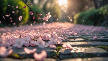 Pink Cherry Blossom Petals on a Cobblestone Path photo