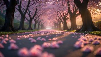 Cherry Blossom Tree Lined Path with Petals photo
