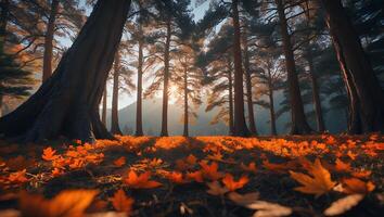 Autumn Forest Scene with Leaves and Sunlight photo