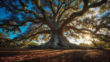 Large Oak Tree at Sunset with Exposed Roots photo