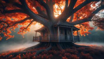 Treehouse in Forest with Autumn Leaves and Ground Fog photo