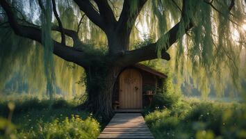 Tree House in Garden Willow Tree with Small Cabin in Nature photo