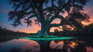 Glowing Tree with Sunset Reflection Landscape photo