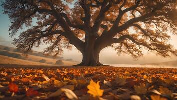 Large Tree in Autumn Field with Fallen Leaves photo