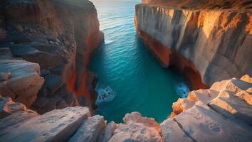 Overlooking Ocean Cove Between Cliffs with Turquoise Water View photo