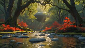 Ufo Sighting Over River in Forest photo