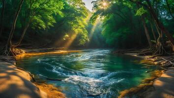 River Flowing Through Lush Green Forest with Sun Rays Shining Through photo
