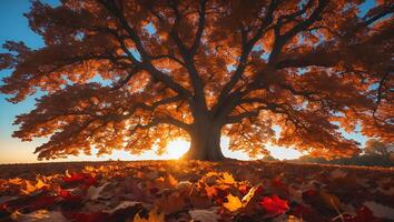 Autumn Tree with Fallen Leaves at Sunset photo