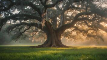 Large Oak Tree in Grassy Field at Sunset photo