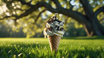 An ice cream cone sitting on the grass in front of a tree photo