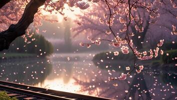 Cherry Blossom Tree Over River in Misty Landscape with Train Track photo