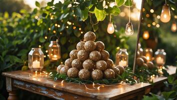 Energy Ball Pyramid with Lights in a Garden photo