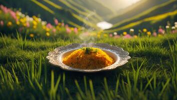 Rice on Ornate Plate in Grassy Field photo