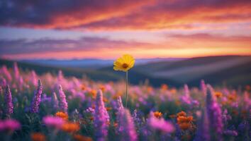 Yellow Flower in Meadow with Colorful Sky Background photo