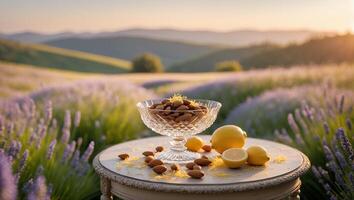 Almonds in Glass Bowl with Lemons on Round Table photo
