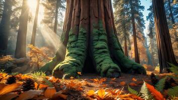 Giant Tree in Autumn Forest with Sun Rays and Fallen Leaves photo