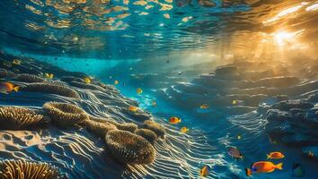 Underwater Scenery with Coral and Fish Under Sunlight photo