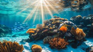 Underwater Scene with Coral Reef, Turtle, Fish, and Sunlight Beams photo