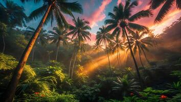 Tropical Palm Trees in Jungle at Sunset photo
