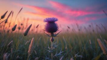 Thistle Flower in Field at Sunset photo