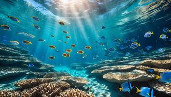 Fish Swimming Near Coral Reef with Sun Rays Shining Down photo