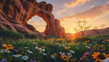 Landscape with Rock Arch and Wildflower Meadow at Sunset photo