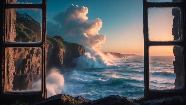 Ocean View From Old Window with Crashing Waves and Rocky Cliffs photo