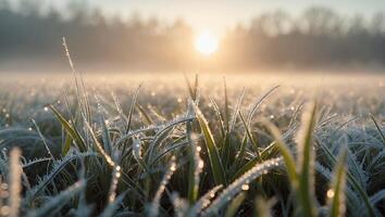 Frost on Grass with Sunrise in Background photo