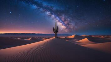 Cactus and Milky Way Over Desert Dunes photo