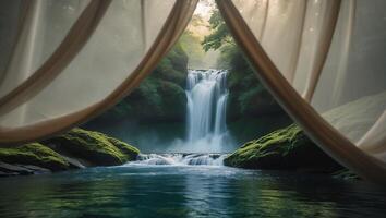 Waterfall in Forest View Through Curtains photo