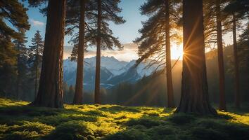 Forest with Sun Rays and Mountains photo