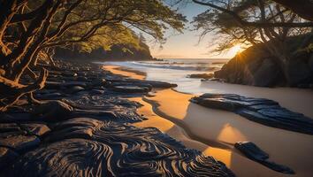 Beautiful Beach Shoreline with Trees and Sand at Sunset photo