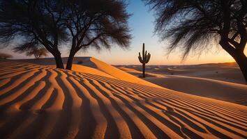 Desert Landscape with Cactus, Trees and Sand Dunes photo
