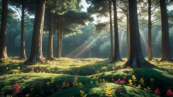 Sunlit Forest Meadow with Colorful Wildflowers photo