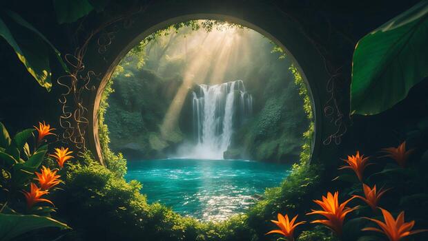 cascada ver mediante redondo Roca ventana con flores foto