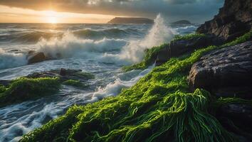 Ocean Waves Crash Against Rocky Shore with Green Algae photo