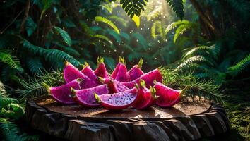 Dragon Fruit Slices on Wood in Forest photo