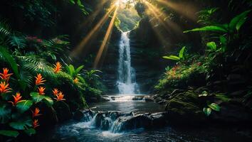 Beautiful Waterfall in Lush Green Rainforest with Sun Rays photo
