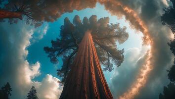 Sequoia Tree Against Blue Sky and Clouds photo