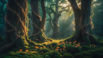 Mushroom Forest with Mossy Trees and Lights photo