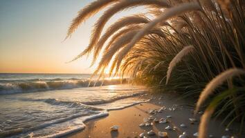Beach Scene at Sunset with Pampas Grass and Seashells photo