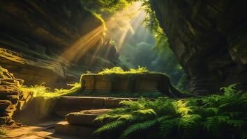Stone Structure in Forest Canyon with Sun Rays and Ferns photo