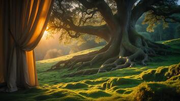 Majestic Tree on Mossy Hill with Curtain and Sunlight photo
