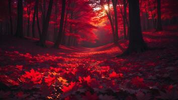Autumn Forest Path with Red Leaves and Sunlight photo
