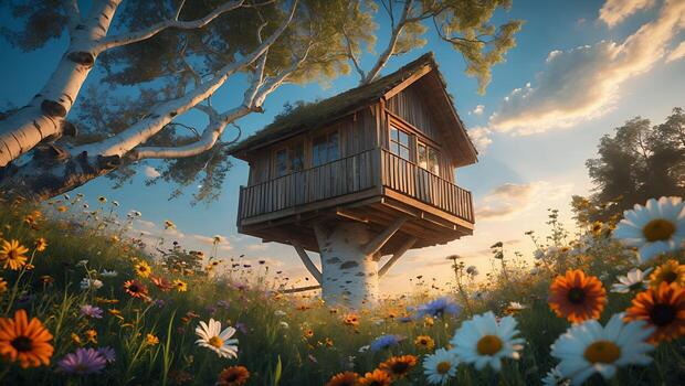 Treehouse in Field of Flowers with Blue Sky photo