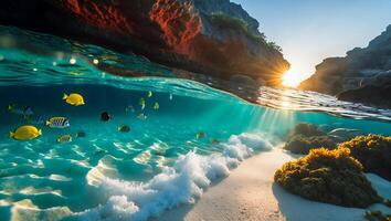 Tropical Beach with Coral Reef and Fish Under Turquoise Water photo