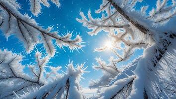 Icy Tree Branches Against Blue Sky in Winter photo