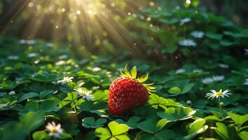 Strawberry in Field with Clover and Daisies Under Bright Sunlight photo
